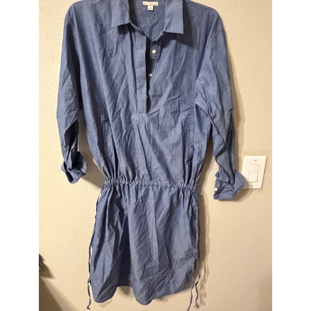 Gap Chambray Shirt Dress Blue Dot Print Drawstring Waist Button Front Size M